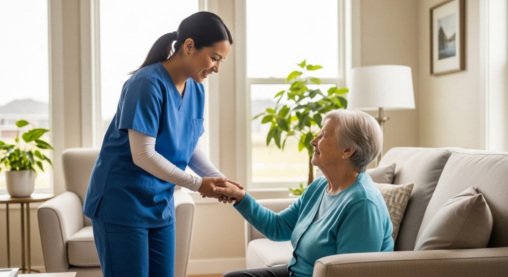 Caregiver in blue scrubs holding hands with an elderly woman in a bright, comfortable living room, providing compassionate in-home elderly care support.