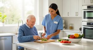 Caregiver in blue scrubs assisting an elderly man with meal preparation in a bright modern kitchen during in-home care service visit.