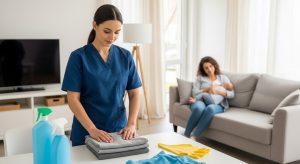 Home help care services caregiver folding laundry while a busy mom nurses her baby in a bright and organized living room.