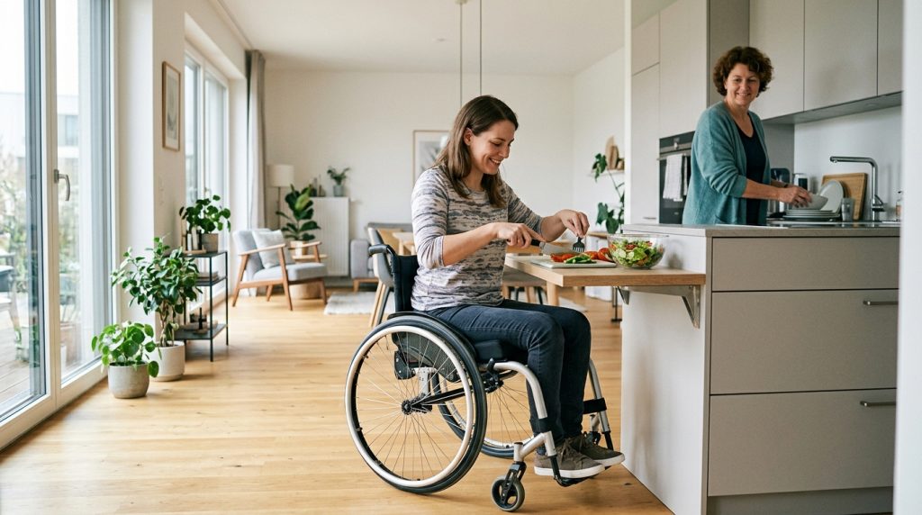 Person using a wheelchair preparing a meal at home with caregiver support, promoting independence and disability care services