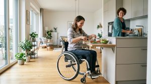 Person using a wheelchair preparing a meal at home with caregiver support, promoting independence and disability care services