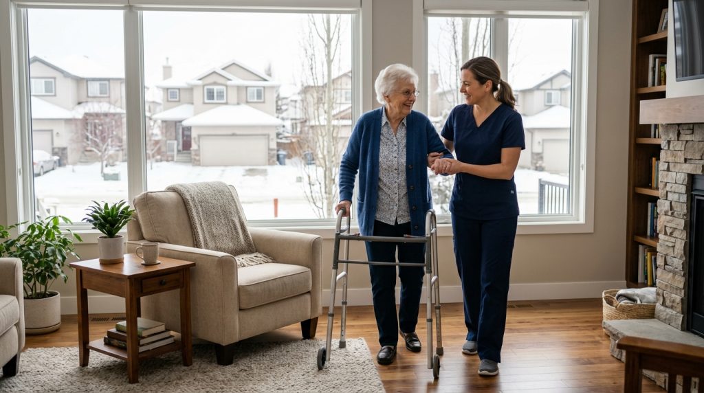 Caregiver assisting an elderly woman with a walker at home in Calgary, providing support in a bright living space