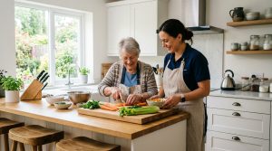 Caregiver assisting an elderly woman with meal preparation in a bright kitchen, promoting independent living and home care support
