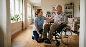 Caregiver assisting an elderly man in a wheelchair at home, offering support and companionship