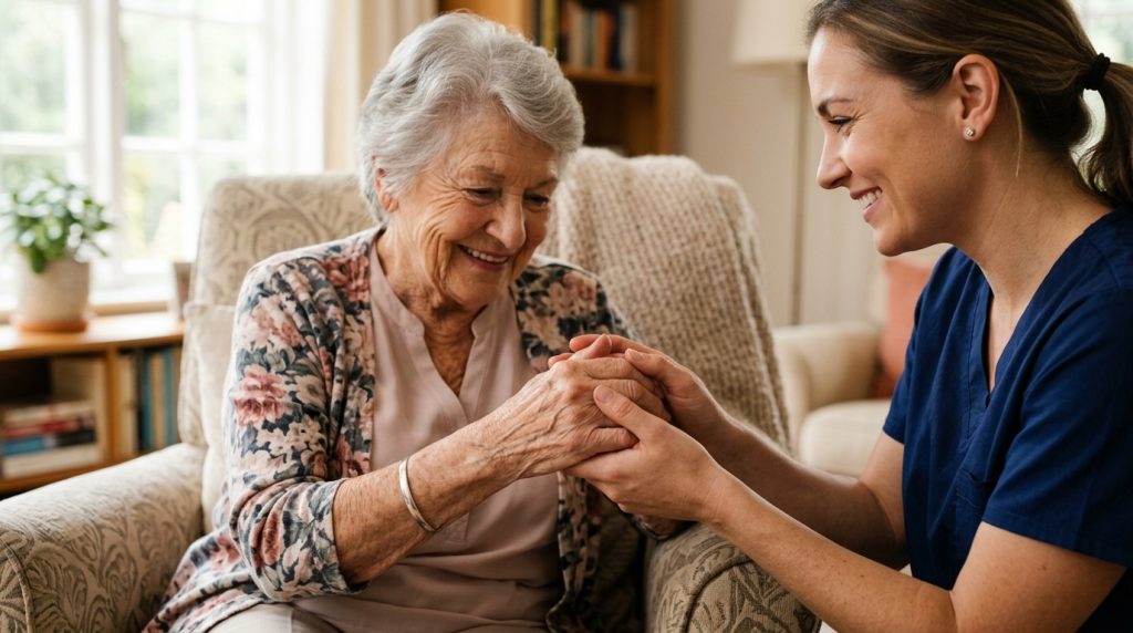 Caregiver holding hands with an elderly woman at home, showing compassion, support, and emotional connection in senior home care