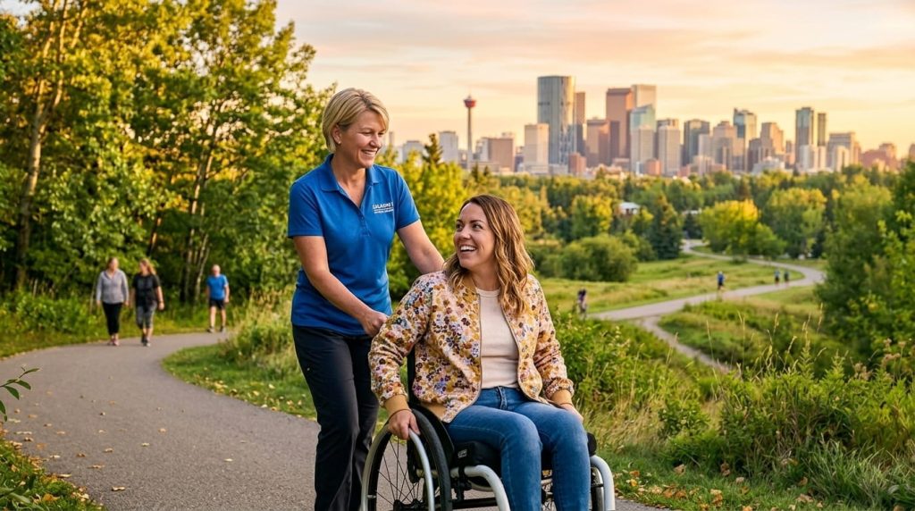 Disability care services worker pushing a smiling woman in wheelchair through a sunny Calgary park