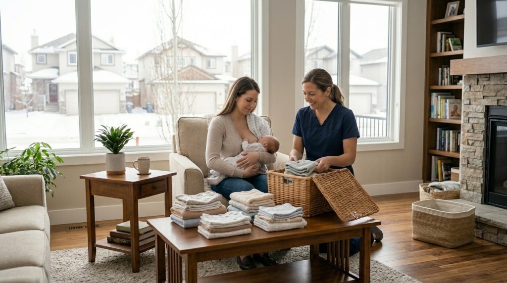 Home helper assisting a mother with baby care and folding laundry in a Calgary home, providing supportive household