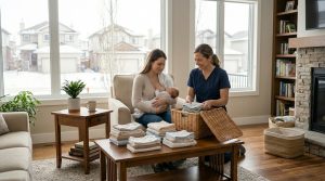 Home helper assisting a mother with baby care and folding laundry in a Calgary home, providing supportive household