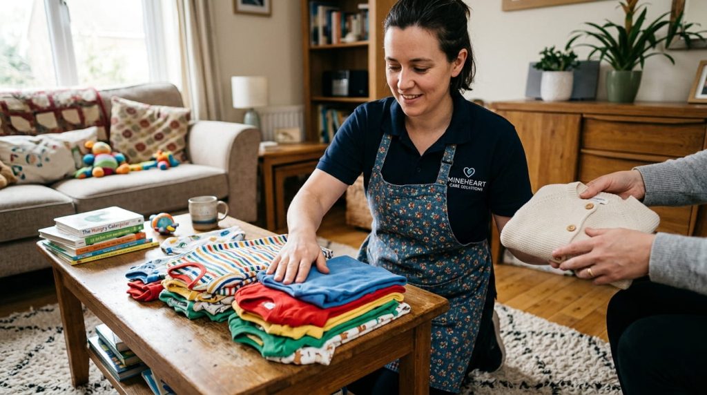 Home help care Calgary worker folding colorful baby clothes in a cozy living room.