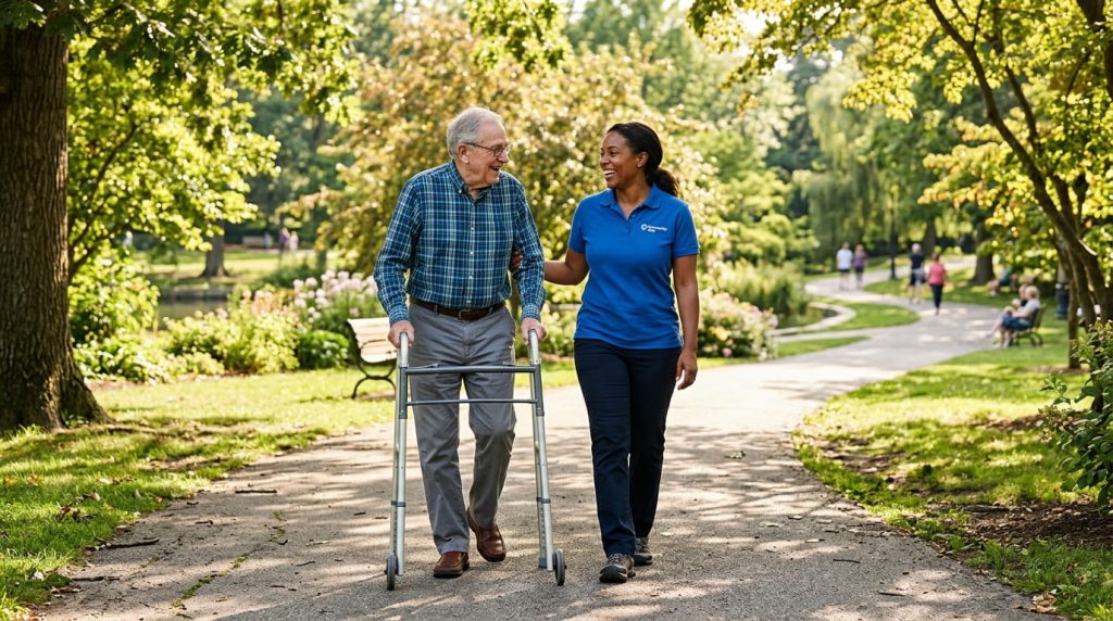 Elderly care service worker walking alongside smiling senior man with a walker in a sunny park.